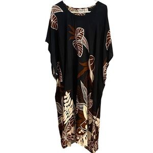 Vintage Sante Classics black white brown Tropical Leaf Caftan coastal maxi Dress